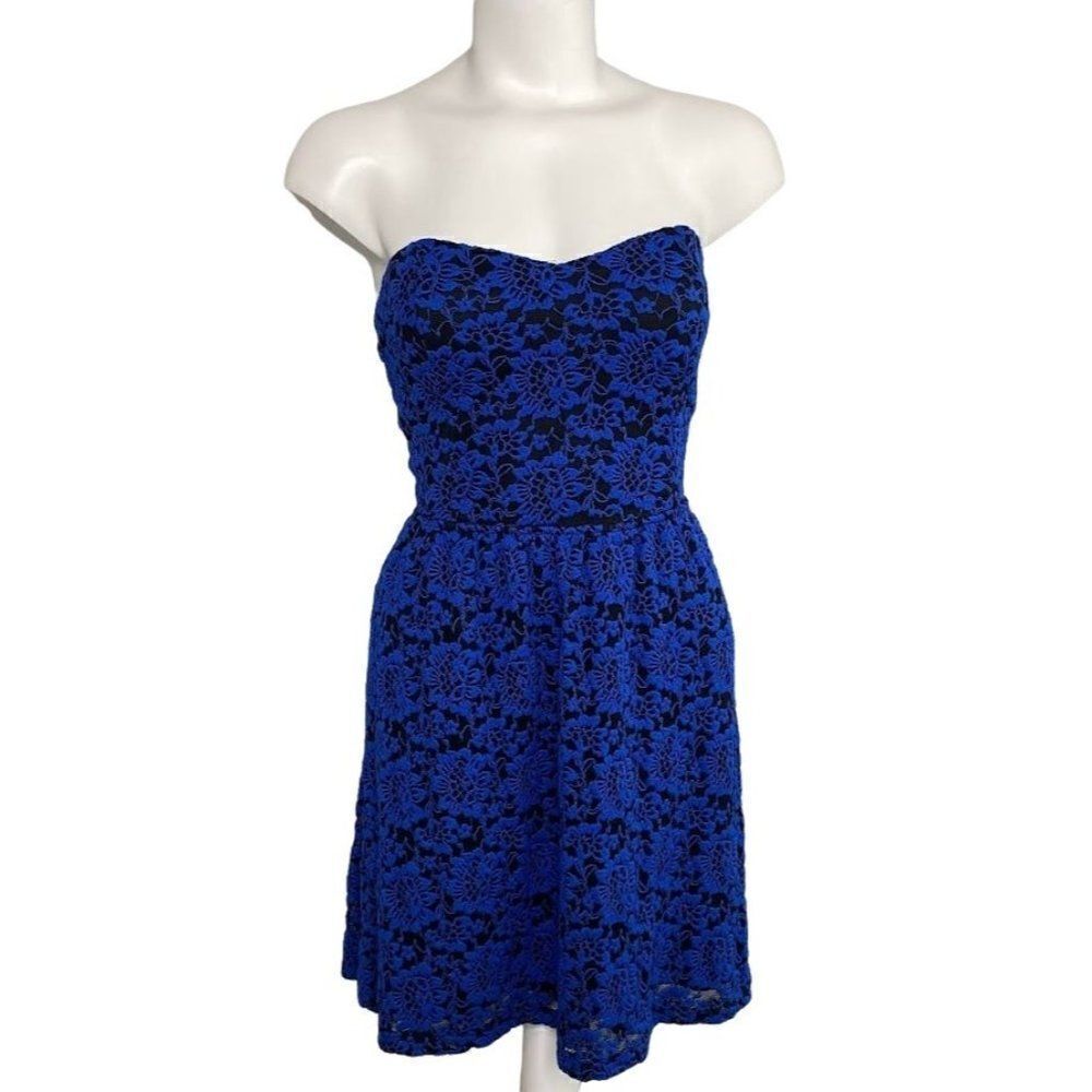 Lovely Day Blue Black Floral Lace Strapless Open Back Juniors Dress Sz Medium